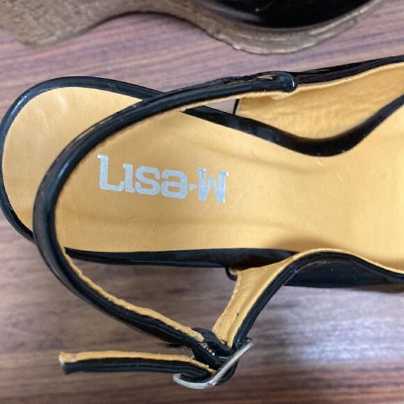 Lisa-W Black Patent Leather Slingback Cork Wedge Peep Toe Pumps. Size 39/8.5. - Picture 6 of 9